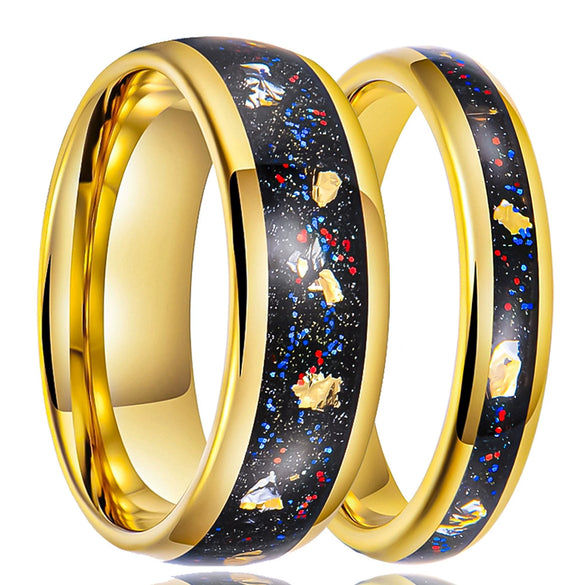 Goldplated Tungsten Steel Couple Rings With Starry Sky Gold Foil Inlay Minimalist Geometric Unisex Bands Wholesale