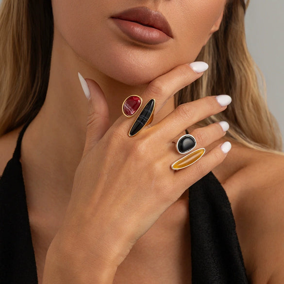Goldplated Zinc Alloy Geometric Irregular Open Ring With Black Agate And Natural Citrine For Women