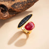 Goldplated Zinc Alloy Geometric Irregular Open Ring With Black Agate And Natural Citrine For Women