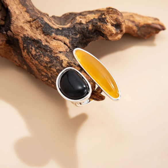 Goldplated Zinc Alloy Geometric Irregular Open Ring With Black Agate And Natural Citrine For Women