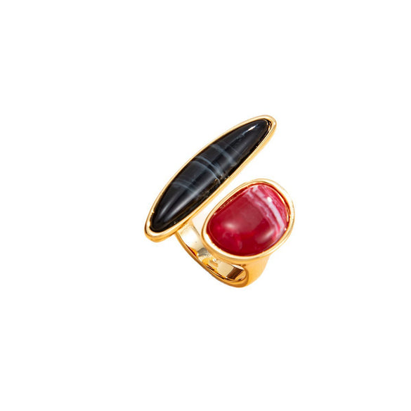 Goldplated Zinc Alloy Geometric Irregular Open Ring With Black Agate And Natural Citrine For Women