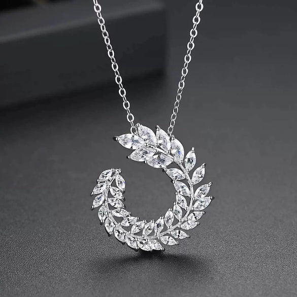 Goldtone Copper Leaf Pendant Necklace With Zircon Inlay Wheat Ear Branch Design And Ochain For Women