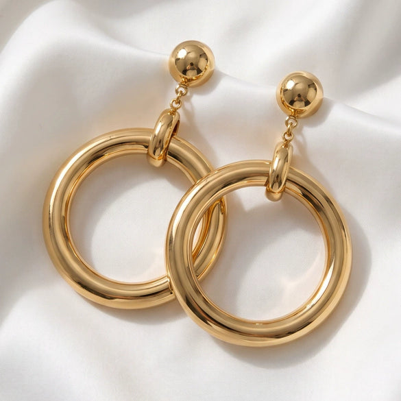 Goldtone Oversized Round Hoop Earrings For Women Electroplated Iron Alloy Geometric Statement Jewelry With Stainless Steel Posts