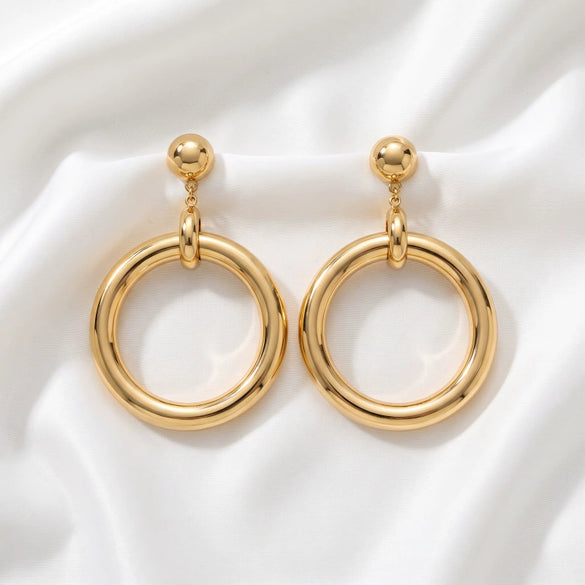 Goldtone Oversized Round Hoop Earrings For Women Electroplated Iron Alloy Geometric Statement Jewelry With Stainless Steel Posts