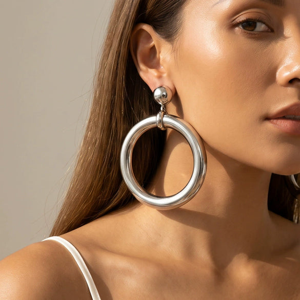 Goldtone Oversized Round Hoop Earrings For Women Electroplated Iron Alloy Geometric Statement Jewelry With Stainless Steel Posts