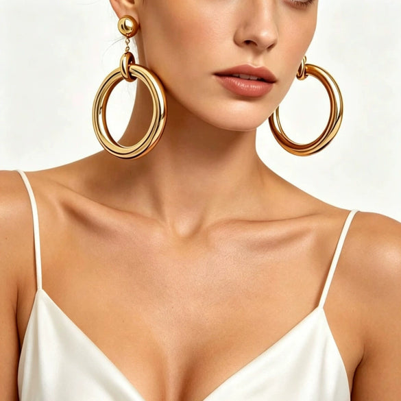 Goldtone Oversized Round Hoop Earrings For Women Electroplated Iron Alloy Geometric Statement Jewelry With Stainless Steel Posts