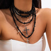 Gothic Dark Acrylic Beads And Alloy Cross Pendant Necklace For Women With Electroplating Treatment