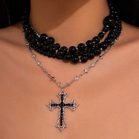 Gothic Dark Acrylic Beads And Alloy Cross Pendant Necklace For Women With Electroplating Treatment