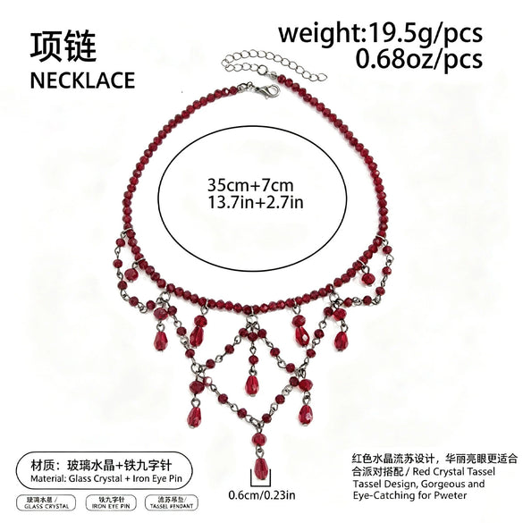 Gothic Dark Red Crystal Beaded Necklace With Blood Drip Tassel Pendant Alloy Clavicle Chain Handmade Beadwork And Lobster Clasp For Women