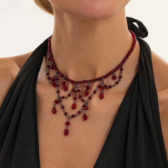 Gothic Dark Red Crystal Beaded Necklace With Blood Drip Tassel Pendant Alloy Clavicle Chain Handmade Beadwork And Lobster Clasp For Women