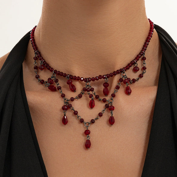 Gothic Dark Red Crystal Beaded Necklace With Blood Drip Tassel Pendant Alloy Clavicle Chain Handmade Beadwork And Lobster Clasp For Women