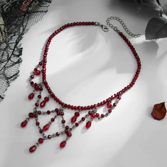 Gothic Dark Red Crystal Beaded Necklace With Blood Drip Tassel Pendant Alloy Clavicle Chain Handmade Beadwork And Lobster Clasp For Women