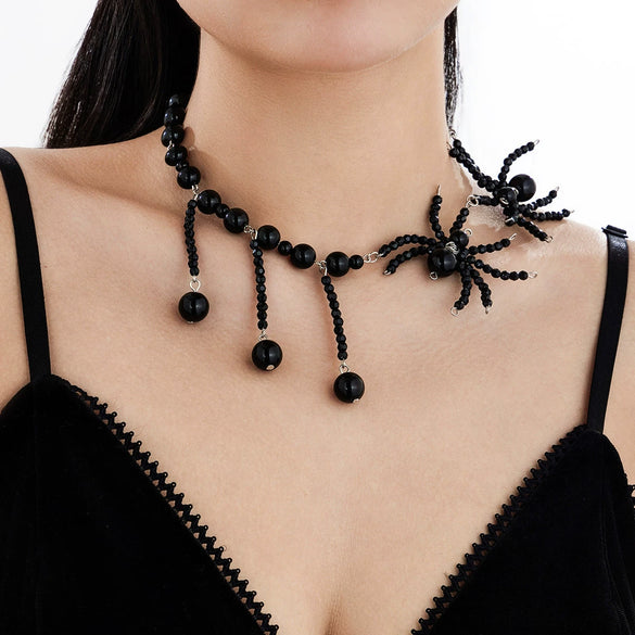 Gothic Dark Style Crystal Spider Plastic Beads Clavicle Chain With Electroplating For Women