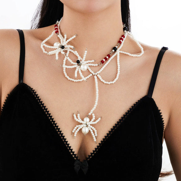 Gothic Dark Style Crystal Spider Plastic Beads Clavicle Chain With Electroplating For Women