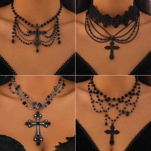 Gothic Dark Style Women's Alloy And Artificial Crystal Beaded Tassel Collar Necklace With Cross And Heart Shape Electroplated