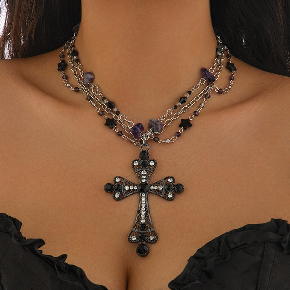 Gothic Dark Style Women's Alloy And Artificial Crystal Beaded Tassel Collar Necklace With Cross And Heart Shape Electroplated