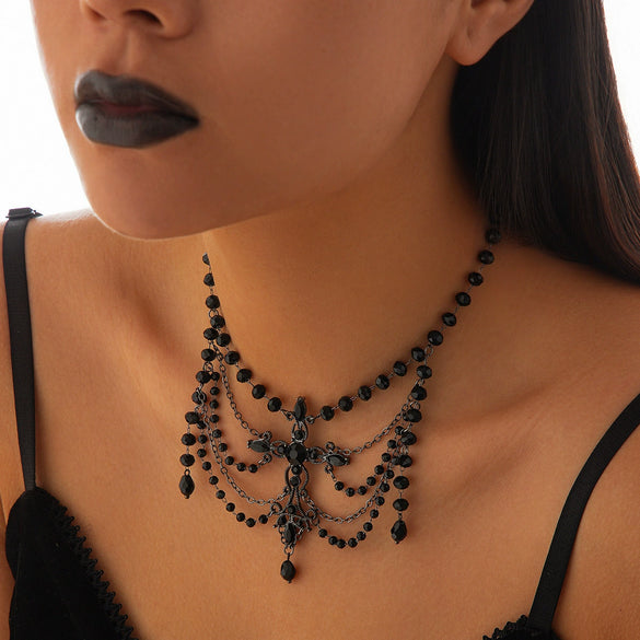 Gothic Dark Style Women's Alloy And Artificial Crystal Beaded Tassel Collar Necklace With Cross And Heart Shape Electroplated