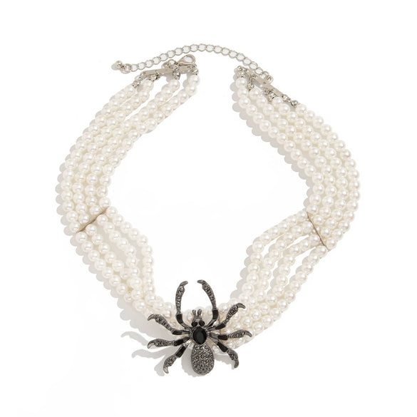 Gothic Dark Wind Simulation Spider Imitation Pearl Alloy Pendant Women's Multi Layer Clavicle Chain Necklace With Ball Chain