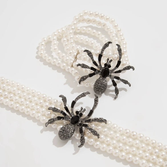 Gothic Dark Wind Simulation Spider Imitation Pearl Alloy Pendant Women's Multi Layer Clavicle Chain Necklace With Ball Chain