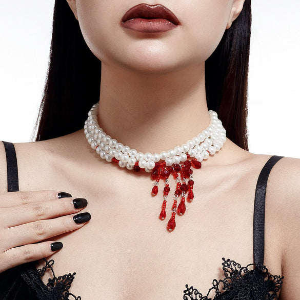 Gothic Imitation Pearl Velvet Crystal Geometric Tassel Ball Chain Necklace With Electroplating For Women