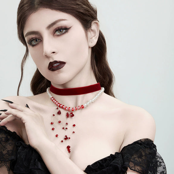 Gothic Imitation Pearl Velvet Crystal Geometric Tassel Ball Chain Necklace With Electroplating For Women