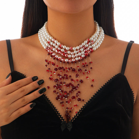 Gothic Imitation Pearl Velvet Crystal Geometric Tassel Ball Chain Necklace With Electroplating For Women