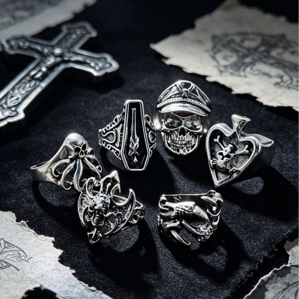 Gothic Punk Skull Ring Set Polished Electroplated Alloy Geometric Open Rings For Women And Men