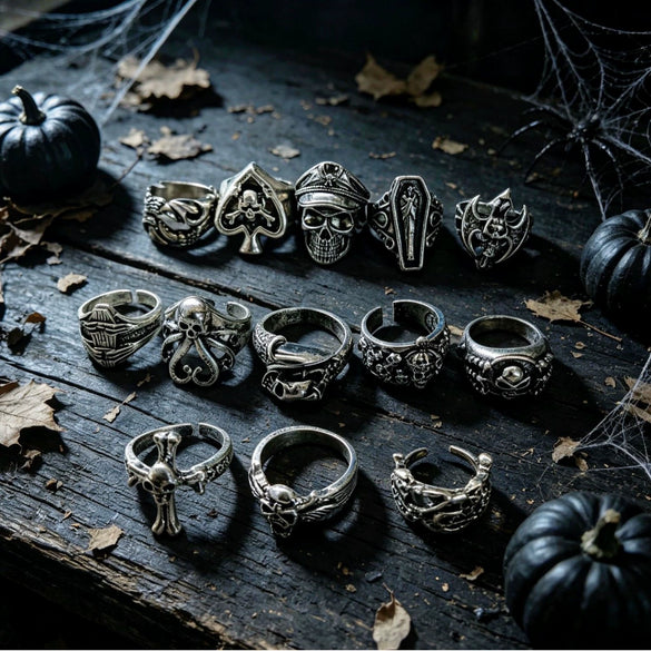Gothic Punk Skull Ring Set Polished Electroplated Alloy Geometric Open Rings For Women And Men