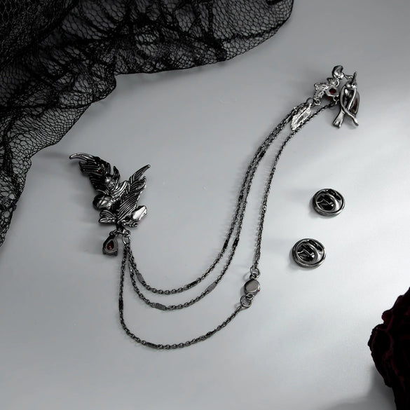 Gothic Rhinestone Rose Feather Tassel Chain Brooch Pin Alloy Floral Pendant With Distressed Finish For Women