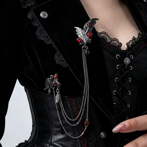 Gothic Rhinestone Rose Feather Tassel Chain Brooch Pin Alloy Floral Pendant With Distressed Finish For Women