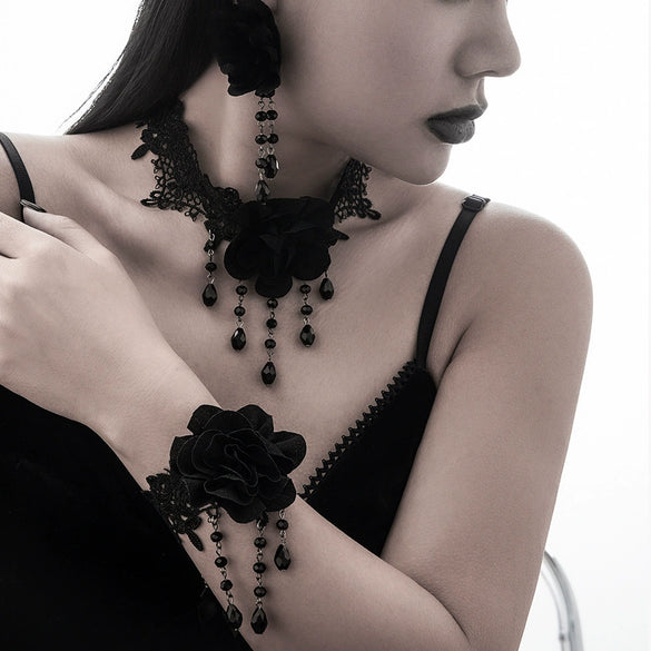 Gothic Style Dark Black Lace Handmade Chain Artificial Crystal Rose Flower Tassel Choker Necklace