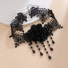 Gothic Style Dark Black Lace Handmade Chain Artificial Crystal Rose Flower Tassel Choker Necklace