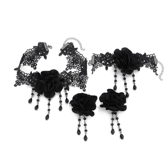 Gothic Style Dark Black Lace Handmade Chain Artificial Crystal Rose Flower Tassel Choker Necklace