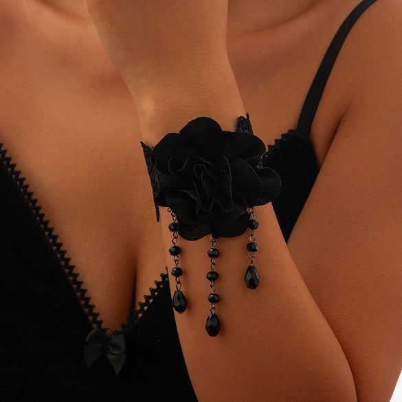 Gothic Style Dark Black Lace Handmade Chain Artificial Crystal Rose Flower Tassel Choker Necklace
