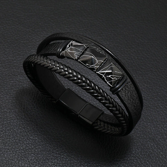 Gothic Style Magnetic Buckle Handwoven Leather Men's Bracelet With Geometric Pattern And Crack Gold Word