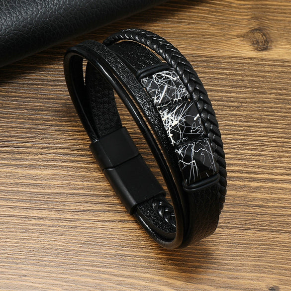 Gothic Style Magnetic Buckle Handwoven Leather Men's Bracelet With Geometric Pattern And Crack Gold Word