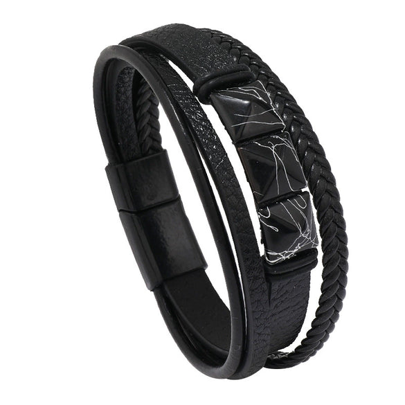 Gothic Style Magnetic Buckle Handwoven Leather Men's Bracelet With Geometric Pattern And Crack Gold Word