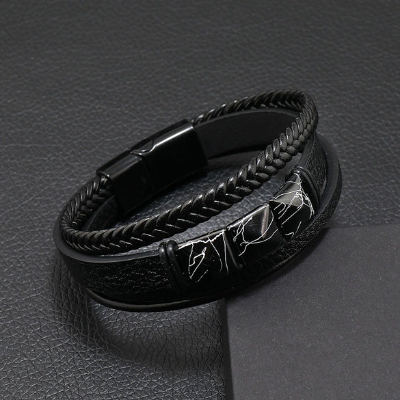 Gothic Style Magnetic Buckle Handwoven Leather Men's Bracelet With Geometric Pattern And Crack Gold Word