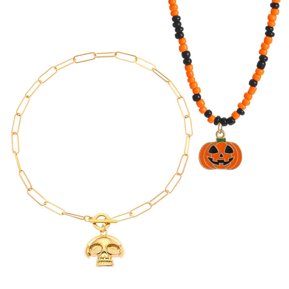 Gothic Style Pumpkin Skull Necklace And Bat Beaded Bracelet For Women Alloy Jewelry With Cartoon And Geometric Animal Patterns Electroplated
