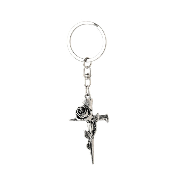 Gothic Vintage Thorn Rose Cross Zinc Alloy Metal Keychain Pendant For Backpack And Car