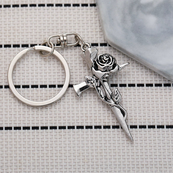 Gothic Vintage Thorn Rose Cross Zinc Alloy Metal Keychain Pendant For Backpack And Car