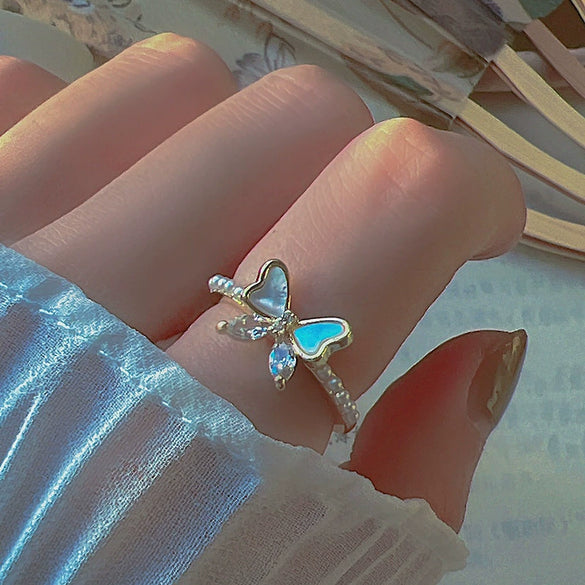 Gradient Artificial Blue Crystal Butterfly Ring And Super Fairy Princess Style Bracelet In Glass And Glaze With Animal Pattern And Crystal Treatment Process
