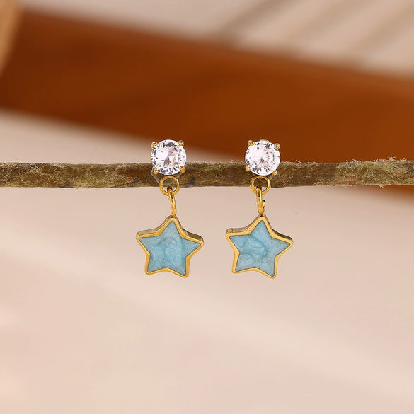 Gradient Oil Drop Star Earrings With Rhinestone Pendants Blue And Pink Elegant Women's Stainless Steel Stud Earrings