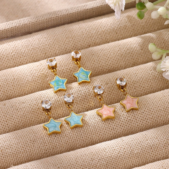 Gradient Oil Drop Star Earrings With Rhinestone Pendants Blue And Pink Elegant Women's Stainless Steel Stud Earrings