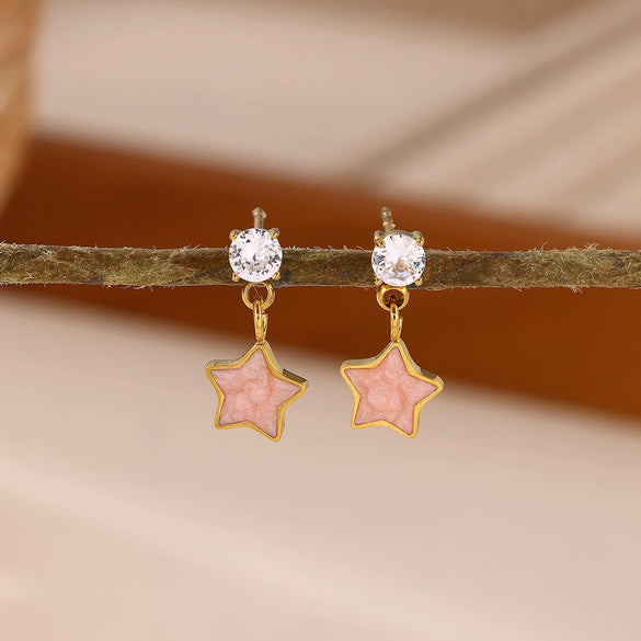 Gradient Oil Drop Star Earrings With Rhinestone Pendants Blue And Pink Elegant Women's Stainless Steel Stud Earrings
