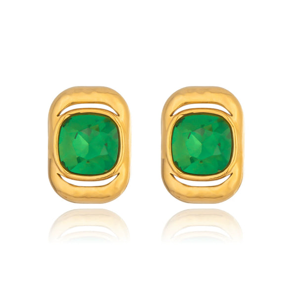 Green Crystal Glass Geometric Earrings For Women Stainless Steel Pvd Gold Plated Minimalist Everyday Jewelry