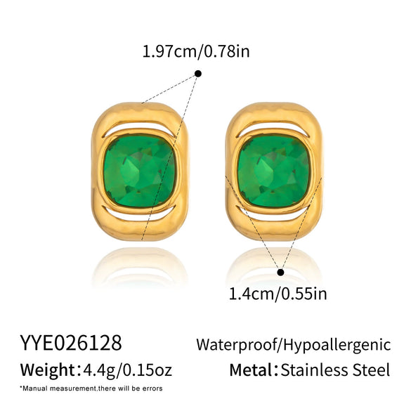 Green Crystal Glass Geometric Earrings For Women Stainless Steel Pvd Gold Plated Minimalist Everyday Jewelry
