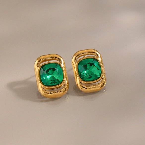 Green Crystal Glass Geometric Earrings For Women Stainless Steel Pvd Gold Plated Minimalist Everyday Jewelry