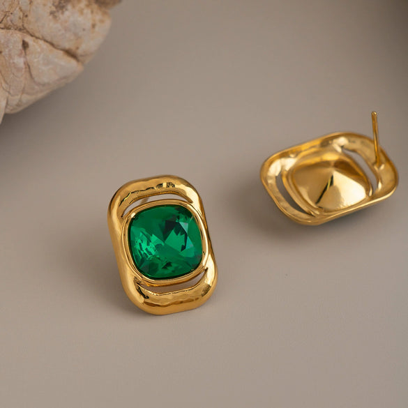 Green Crystal Glass Geometric Earrings For Women Stainless Steel Pvd Gold Plated Minimalist Everyday Jewelry