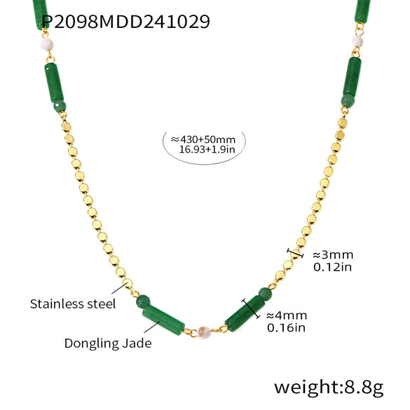 Green Dongling Stone And Stainless Steel Bamboo Necklace With Electroplating For Women Light Luxury Style Geometric Design